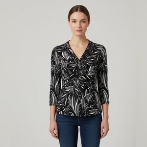 Christopher & Banks Abstract Leaf Print V-Neck Blouse Black White Size M